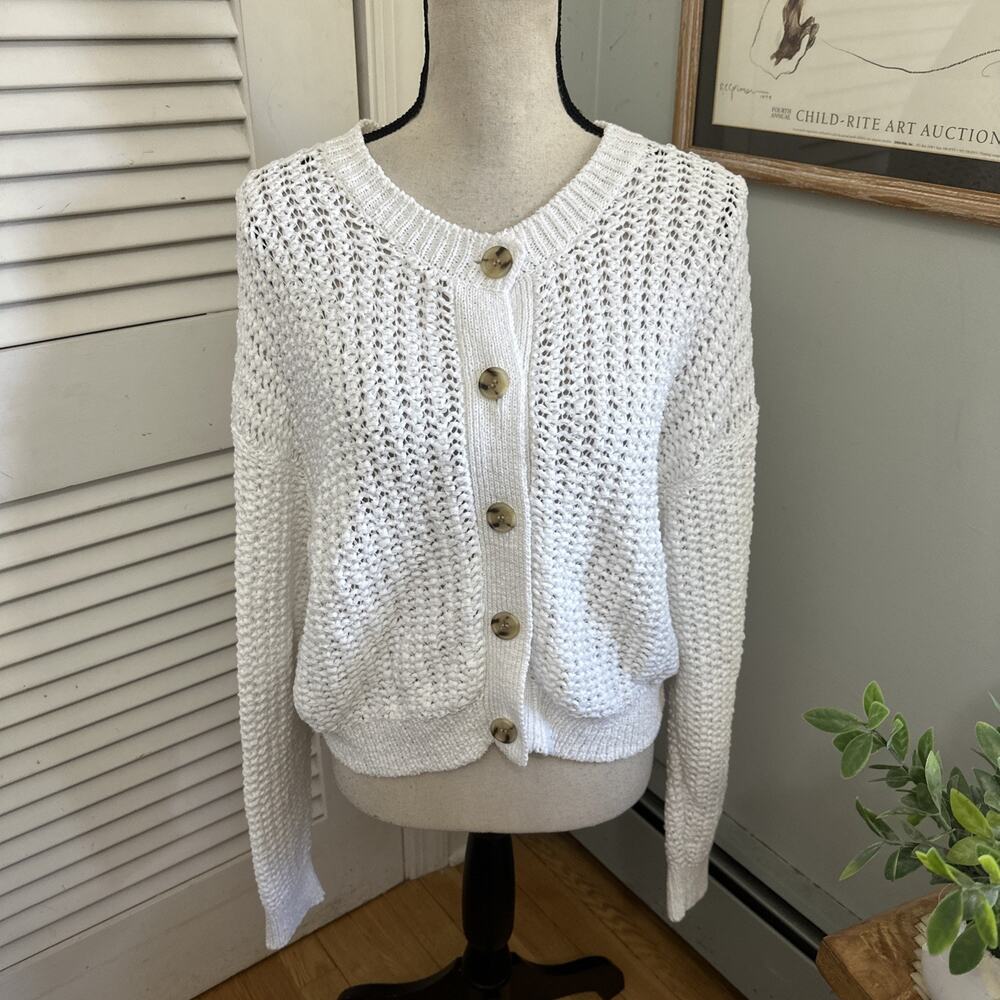J. Crew Factory Women's White Open-Knit Button Cardigan